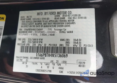 2022 Ford Mustang Ecoboost Fastback from USA, damaged, VIN 1FA6P8TH4N5136069